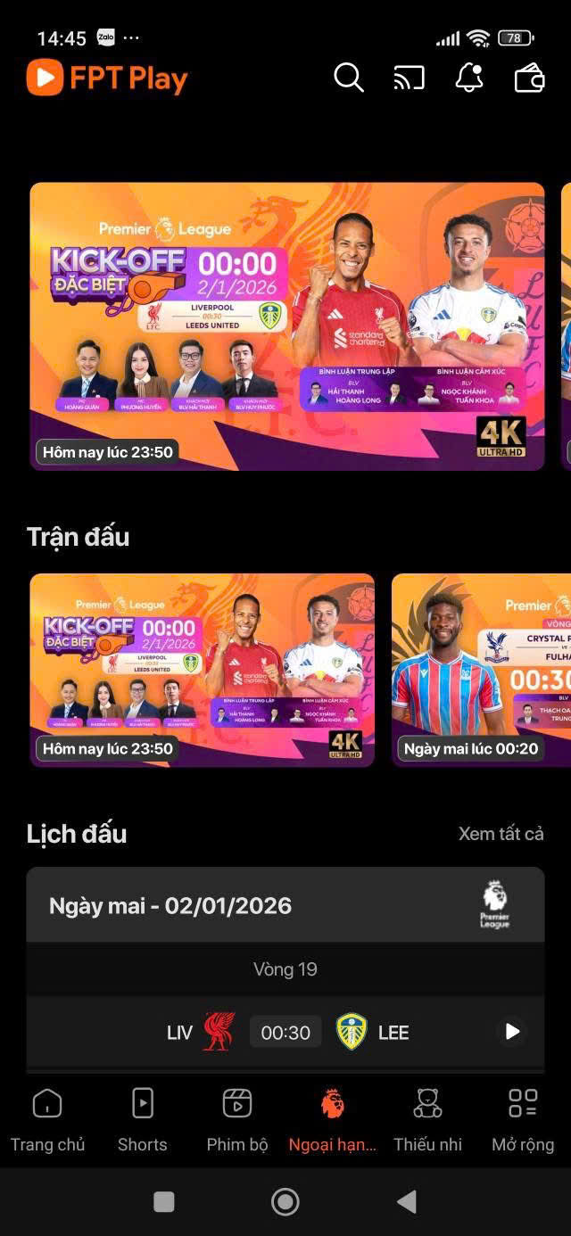FPT Play Ngoại hạng Anh giao diện mobile